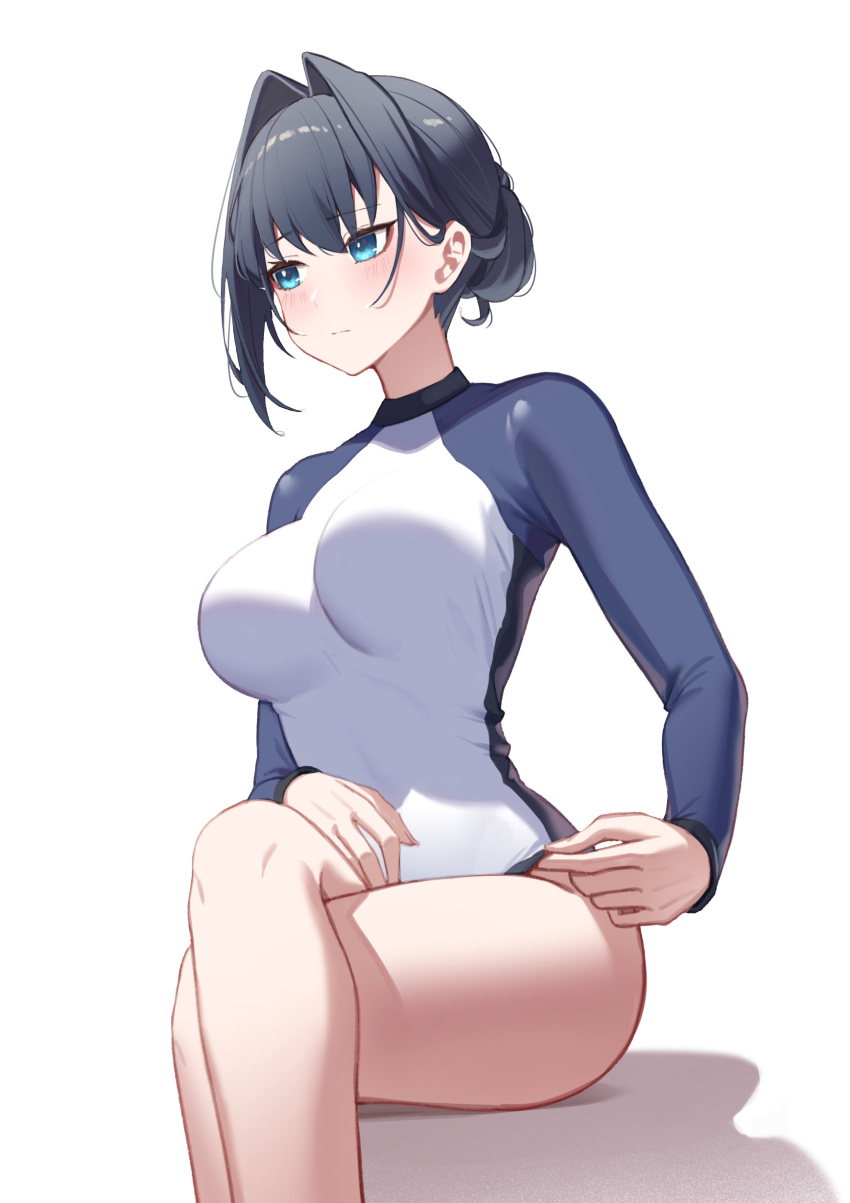 1girl absurdres adjusting_clothes adjusting_swimsuit black_hair blue_eyes blush breasts closed_mouth commentary crossed_legs english_commentary erezu feet_out_of_frame hair_intakes highres hololive hololive_english large_breasts long_sleeves looking_afar looking_ahead ouro_kronii raglan_sleeves rash_guard shadow short_hair simple_background sitting skin_tight solo split_mouth swimsuit virtual_youtuber white_background