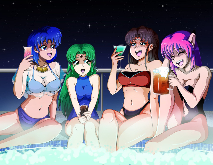 4girls alcohol android beer beer_mug bikini black_one-piece_swimsuit blue_bikini blue_eyes blue_hair blue_one-piece_swimsuit breasts bubble cleavage closed_eyes clothing_cutout cocktail cocktail_glass crossed_legs cup drink drinking_glass drunk fal_(phantasy_star) forehead_jewel furena green_eyes green_hair hand_on_floor hand_on_own_head highleg highleg_bikini highleg_swimsuit highres holding holding_cup hot_tub hurricane_glass ice ice_cube jewelry laughing legs_together long_hair lyla_brangwin mug multicolored_clothes multicolored_swimsuit multiple_girls mutant navel navel_cutout necklace night night_sky one-piece_swimsuit parted_bangs phantasy_star phantasy_star_iv pink_hair pointy_ears pool robot_ears see-through see-through_shirt shess_tierney short_hair sky smile soda star_(sky) starry_sky steam strapless strapless_bikini strapless_swimsuit swimsuit tedbob84 teeth tiara toast_(gesture) tube_top upper_teeth_only