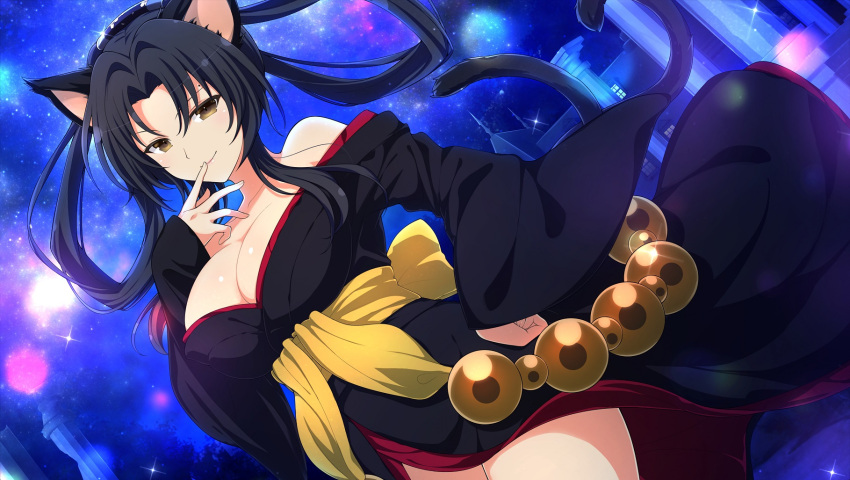 1girl animal_ears black_hair breasts cat_ears cat_girl cat_tail cleavage collarbone hair_rings hairband high_school_dxd highres japanese_clothes kimono kuroka_(high_school_dxd) large_breasts looking_at_viewer mansion multiple_tails night obi official_art pillar sash senran_kagura senran_kagura_new_link sky smile solo star_(sky) starry_sky tail window yaegashi_nan yellow_eyes