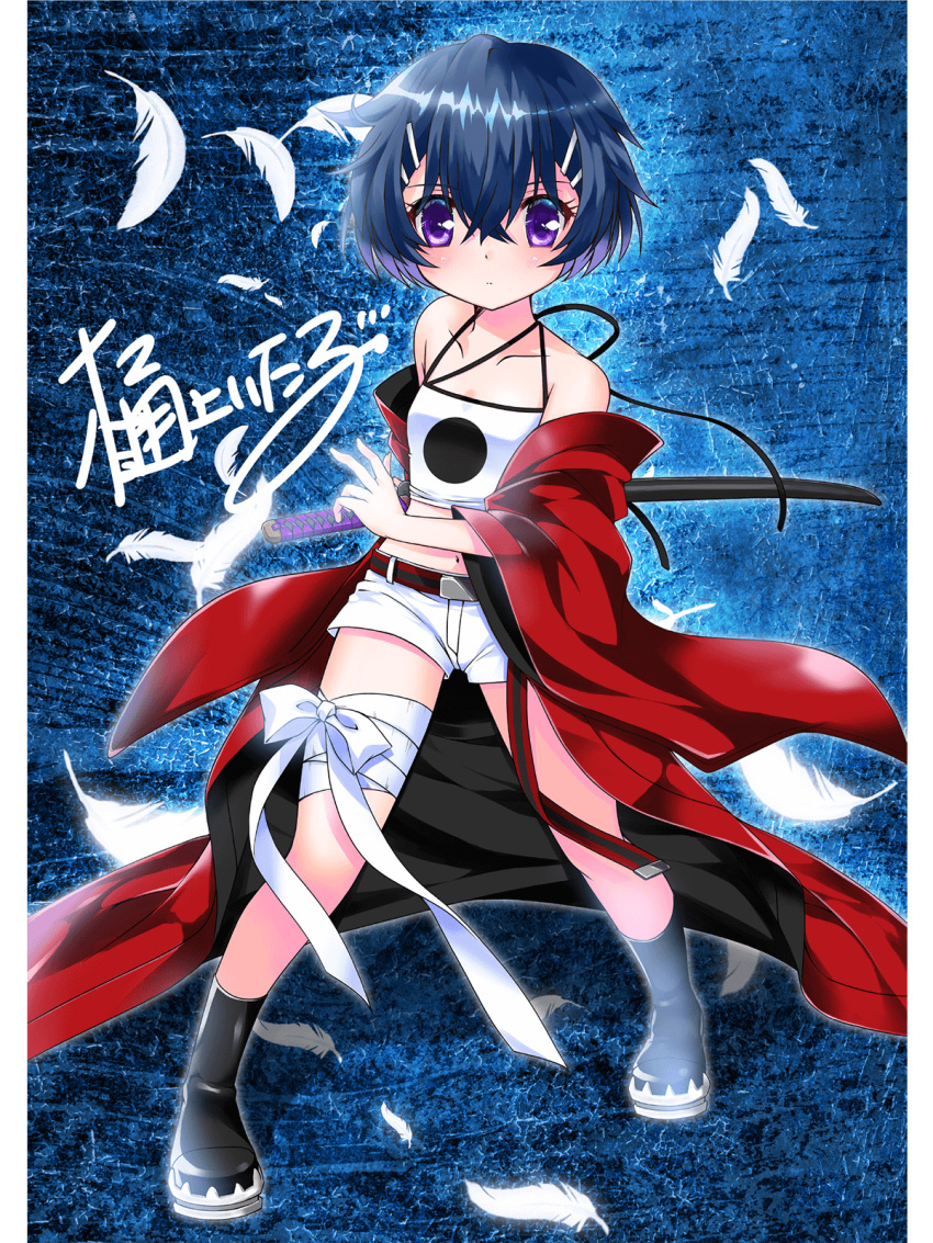 bandaged_leg bandages black_hair breasts camisole commentary english_commentary engrish_commentary feathers fighting_stance hair_ornament hairclip highres hinoue_itaru holding holding_sword holding_weapon katana kuden midriff purple_eyes red_robe robe short_hair short_shorts shorts signature small_breasts spaghetti_strap sword weapon white_camisole white_feathers white_shorts