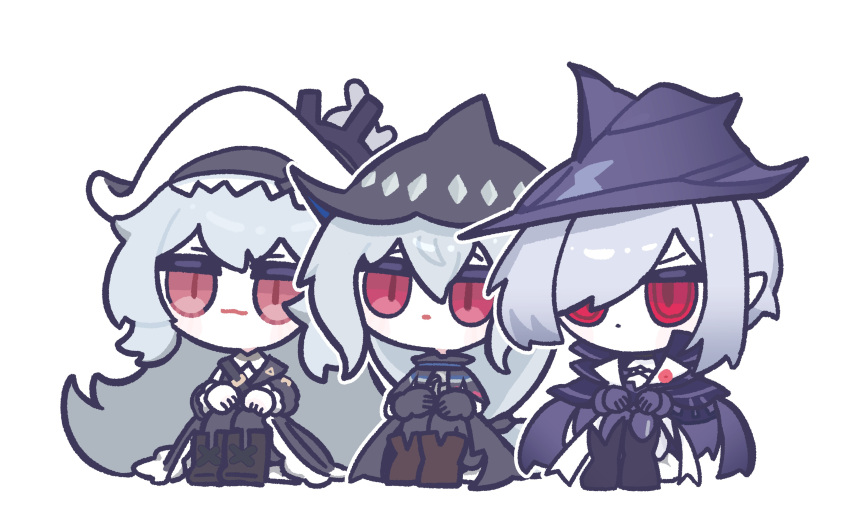 3girls :3 absurdres amedrama arknights black_cape black_dress black_footwear black_gloves brown_footwear cape chibi commentary dress frown gladiia_(arknights) gloves grey_hair hair_over_one_eye highres hugging_own_legs jitome long_hair low-tied_long_hair multiple_girls pointy_ears pointy_hat red_eyes short_hair simple_background skadi_(arknights) slit_pupils specter_(arknights) specter_the_unchained_(arknights) white_background