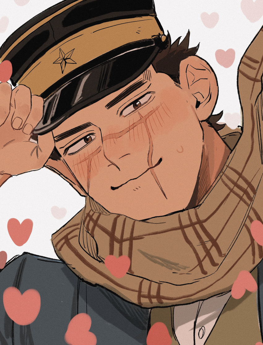 1boy absurdres black_hair blue_jacket blush brown_scarf closed_mouth golden_kamuy hat heart highres jacket looking_at_viewer male_focus military_hat scar scar_on_cheek scar_on_face scar_on_mouth scar_on_nose scarf short_hair smile solo sugimoto_saichi ton_(ton19130318) upper_body