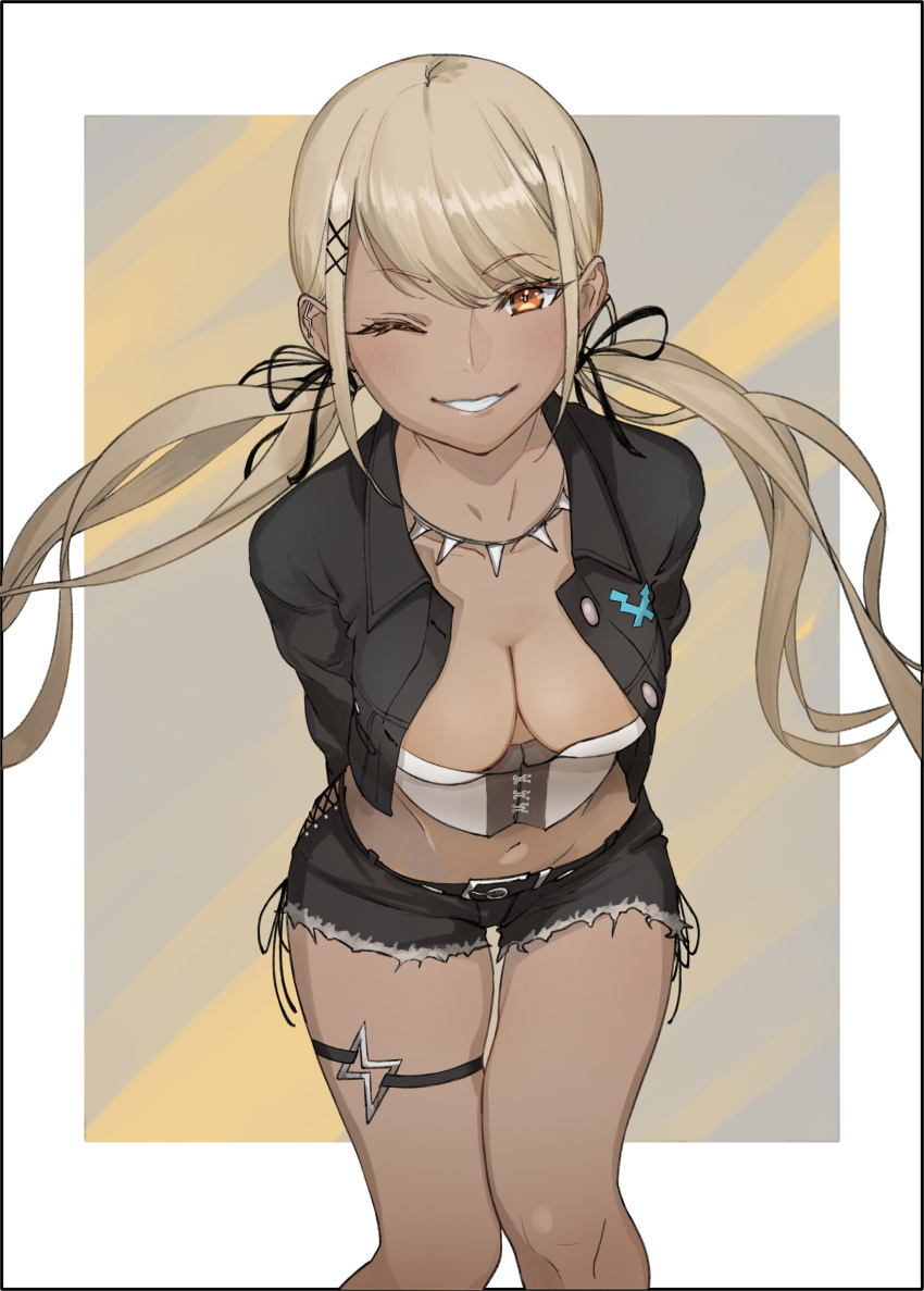 1girl ;) absurdres arms_behind_back belt black_belt black_jacket black_ribbon black_shorts blonde_hair breasts bustier collared_jacket cutoffs dark-skinned_female dark_skin downblouse grin gyaru hair_ornament hair_ribbon highres jacket jewelry kaminari_qpi leaning_forward lightning_bolt_symbol long_hair long_sleeves looking_at_viewer low_twintails masato_(mirai_koubou) medium_breasts navel necklace o-ring o-ring_thigh_strap official_alternate_costume one_eye_closed open_clothes open_jacket orange_eyes parted_lips ribbon shirt shorts side-tie_shorts smile solo strapless swept_bangs thigh_strap thighs tooth_necklace twintails very_long_hair virtual_youtuber vspo! white_shirt x_hair_ornament