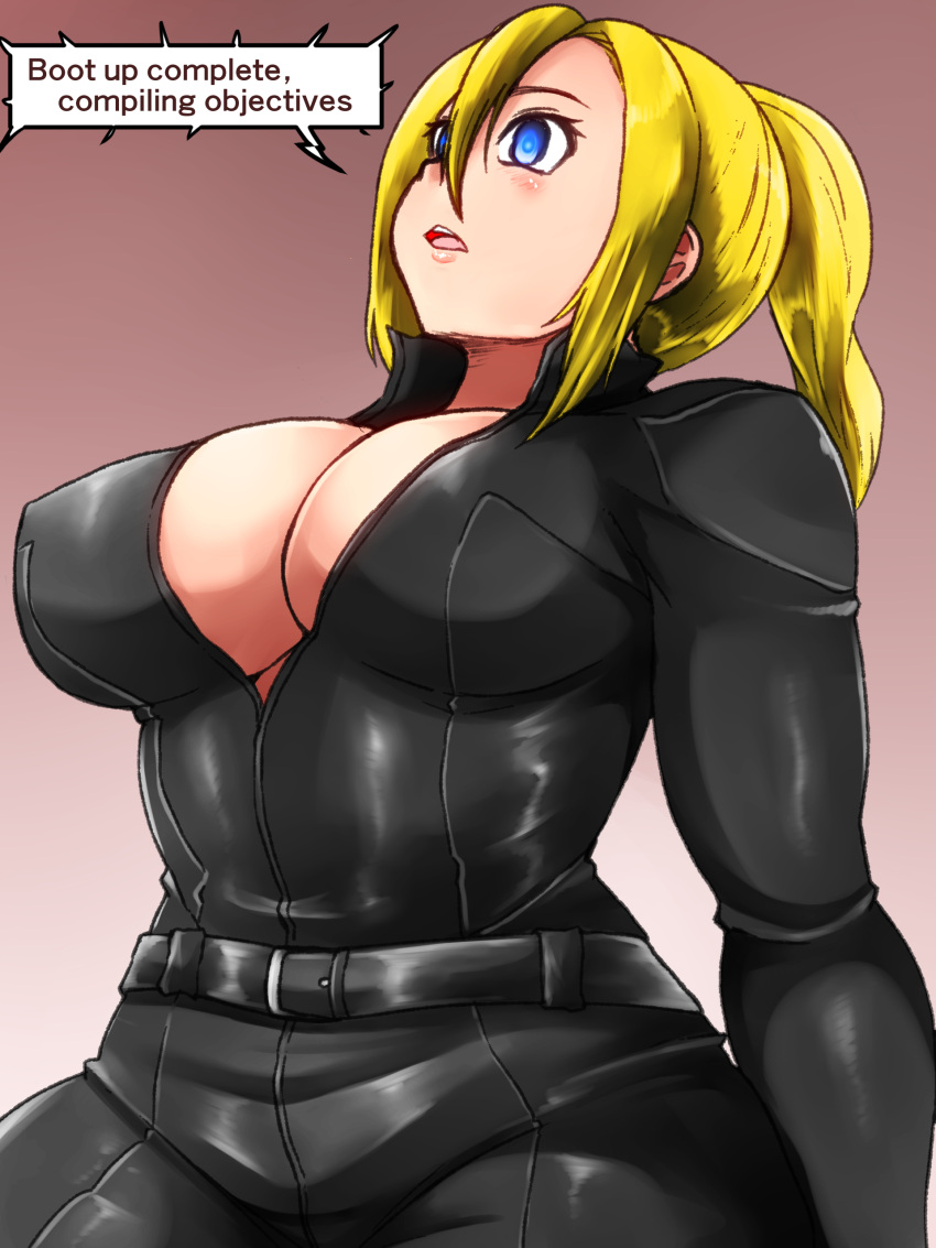 1girl absurdres android blonde_hair blue_eyes breasts commission glowing glowing_eyes highres isna_(footprintsofisna) jumpsuit large_breasts non-web_source pixiv_commission t-800 terminator_(series) the_terminator