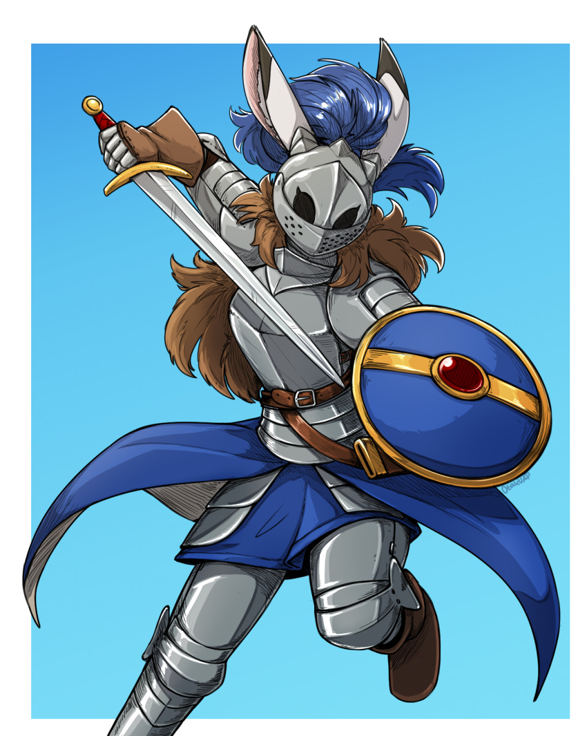 2023 5_fingers aleanora anthro armor armorbun attack_pose border digital_media_(artwork) female fingers full-length_portrait gradient_background hi_res knight lagomorph leporid mammal melee_weapon otakuap portrait rabbit shield simple_background solo sword warrior weapon white_border