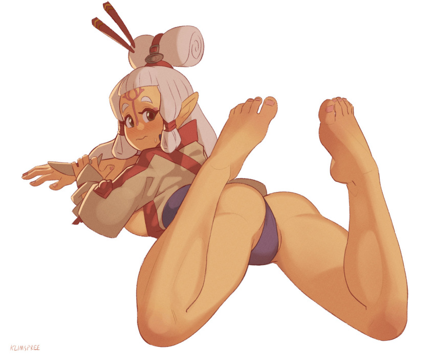 1girl armor ass bare_legs barefoot black_leotard blunt_bangs blush breasts breasts_out feet_up fingernails full_body green_eyes grey_hair hair_bun hair_ornament hair_stick hair_tubes japanese_armor klimspree kote legs_up leotard long_hair long_pointy_ears looking_at_viewer looking_back lying nose_blush on_stomach paya_(zelda) pointy_ears short_eyebrows sideboob sidelocks single_hair_bun solo the_legend_of_zelda the_legend_of_zelda:_breath_of_the_wild the_pose thighs thong_leotard toenails toes updo white_background