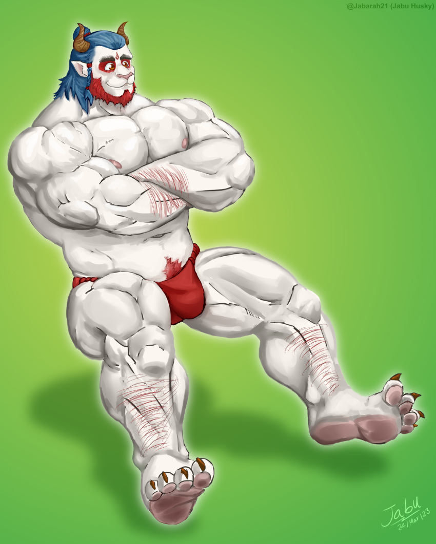 2_horns abs asian_clothing asian_mythology bai_ze_(goodbye_monster) clothing east_asian_clothing east_asian_mythology fundoshi goodbye_monster hi_res horn humanoid humanoid_pointy_ears jabuhusky japanese_clothing japanese_mythology male muscular muscular_humanoid muscular_male mythology nipples pecs solo underwear yokai