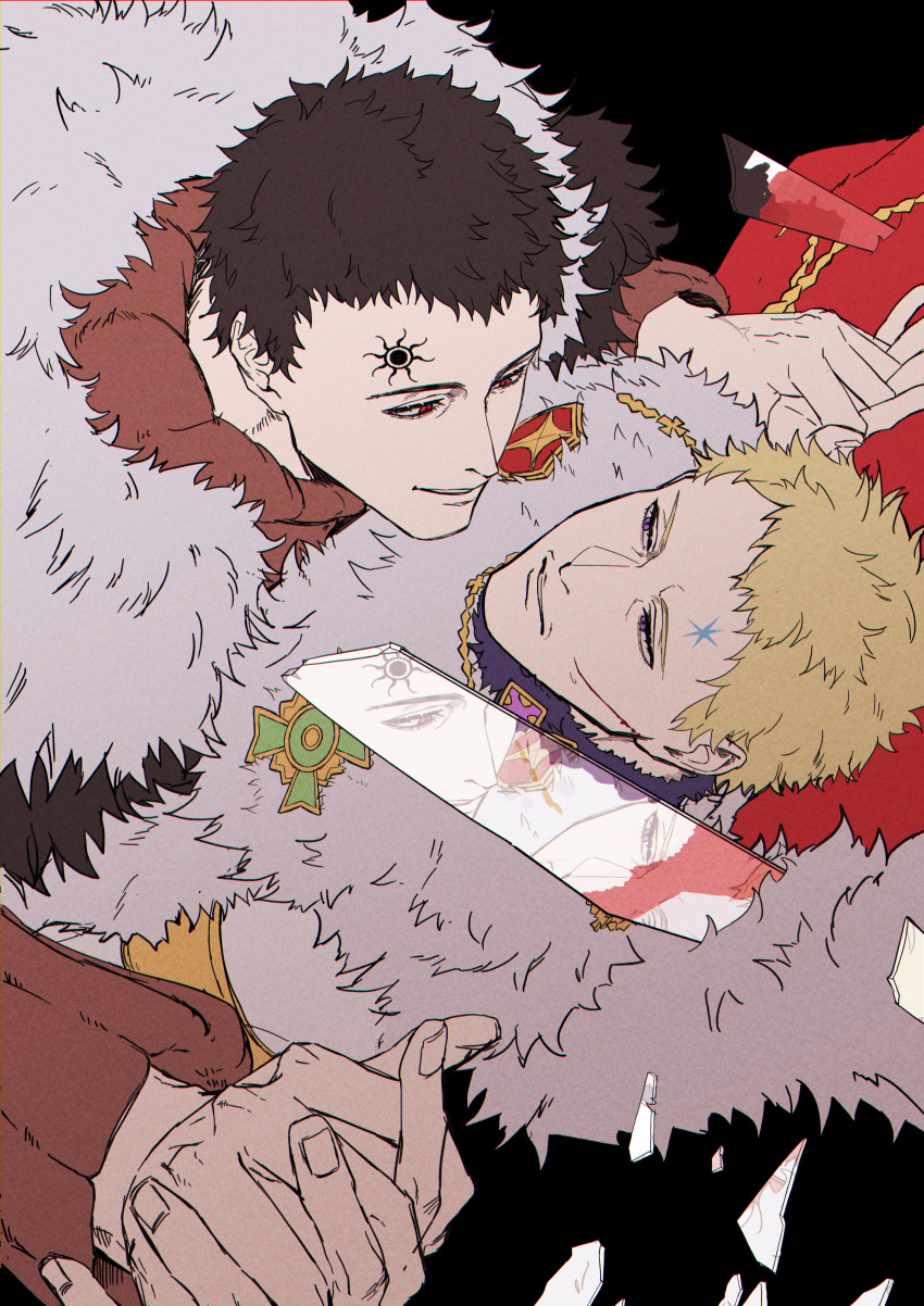 2boys absurdres black_background black_clover black_hair blonde_hair broken_glass dual_persona facial_mark forehead_mark fur_collar glass highres holding_hands julius_novachrono long_sleeves looking_at_another lucius_zogratis male_focus medal multiple_boys parted_lips purple_eyes red_eyes royal_robe short_hair simple_background sosuke_ppp white_fur yaoi