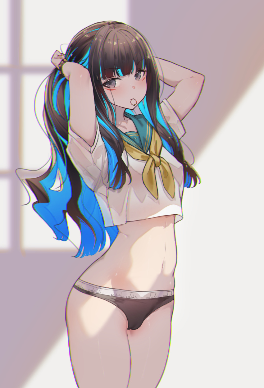 1girl absurdres arms_behind_head arms_up black_hair black_panties blue_hair breasts colored_inner_hair crop_top fate/grand_order fate_(series) green_sailor_collar grey_eyes highres long_hair looking_at_viewer mouth_hold multicolored_hair navel neckerchief panties sailor_collar shirt short_sleeves sidelocks small_breasts solo tenochtitlan_(fate) thighs tying_hair underwear ura_illust white_shirt yellow_neckerchief