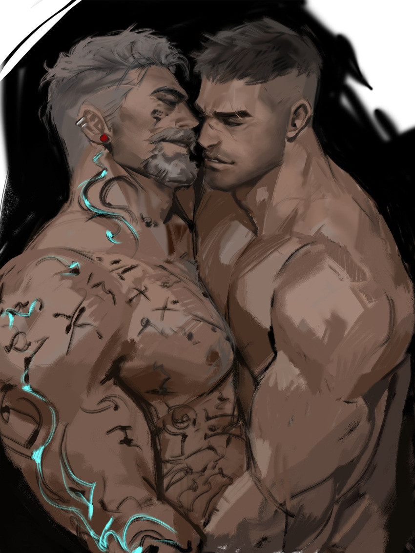 2boys bara beard beard_stubble black_hair chest_hair david_king_(dead_by_daylight) dead_by_daylight dopey_(dopq) facial_hair from_side full-body_tattoo glowing_tattoo goatee grey_hair highres imminent_kiss large_pectorals long_sideburns male_focus mature_male multiple_boys muscular muscular_male nipples nude old old_man pectoral_docking pectoral_press pectorals scar scar_across_eye seductive_smile short_hair sideburns smile tattoo thick_eyebrows thick_mustache undercut upper_body vittorio_toscano yaoi