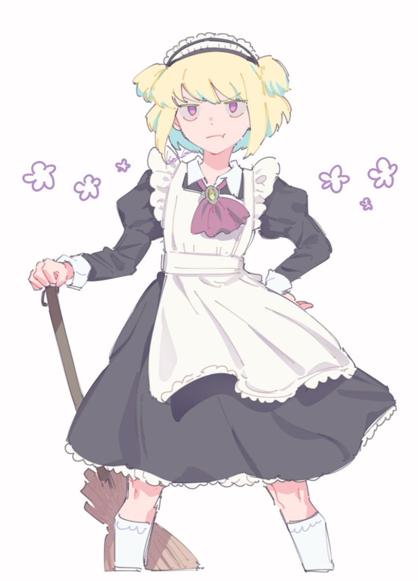 1boy :t alternate_costume alternate_hairstyle apron ascot blonde_hair broom commentary crossdressing hand_on_own_hip highres holding holding_broom juliet_sleeves kneehighs kome_1022 lio_fotia long_sleeves maid maid_apron maid_headdress male_focus otoko_no_ko promare puffy_sleeves purple_eyes red_ascot short_hair simple_background socks solo standing star_(symbol) symbol-only_commentary two_side_up white_background white_socks