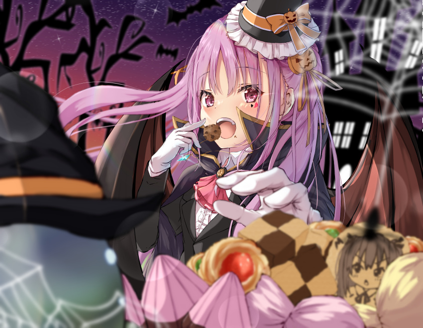 1girl :o absurdres alternate_costume ascot bat_(animal) black_cape black_suit blurry blush bow cape center_frills commentary_request demon_wings depth_of_field dusk eating eyelashes eyes_visible_through_hair floating_hair food food-themed_hair_ornament food_on_face frills glint gloves glowing glowing_eyes hair_between_eyes hair_ornament hair_ribbon halloween halloween_costume hat hat_bow heart_on_cheek heaven_burns_red highres jewelry kunimi_tama long_hair long_sleeves looking_at_viewer mini_hat necklace open_mouth orange_bow orange_ribbon pink_eyes pink_hair pumpkin_hair_ornament red_ascot ribbon shirt silk solo spider_web suit sweets tatika714 two_side_up white_gloves white_shirt wings witch_hat