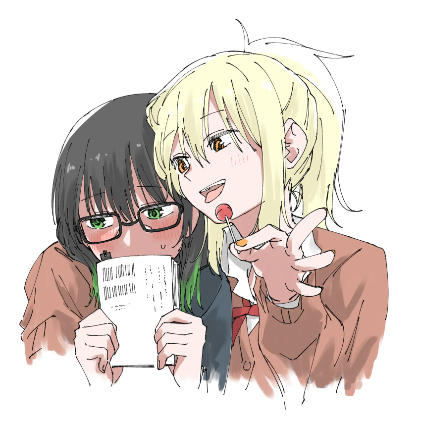 2girls black_hair black_shirt blonde_hair blush brown_cardigan candy cardigan collared_shirt covering_mouth food glasses green_eyes green_hair hair_down haruruhaharur highres holding holding_candy holding_food holding_lollipop holding_paper hug hug_from_behind lollipop long_sleeves looking_at_another looking_to_the_side love_live! love_live!_nijigasaki_high_school_idol_club medium_hair miyashita_ai multicolored_hair multiple_girls neck_ribbon open_mouth orange_eyes paper ponytail red_ribbon ribbon shirt streaked_hair takasaki_yuu teeth two-tone_hair upper_teeth_only white_background white_shirt winter_uniform yuri