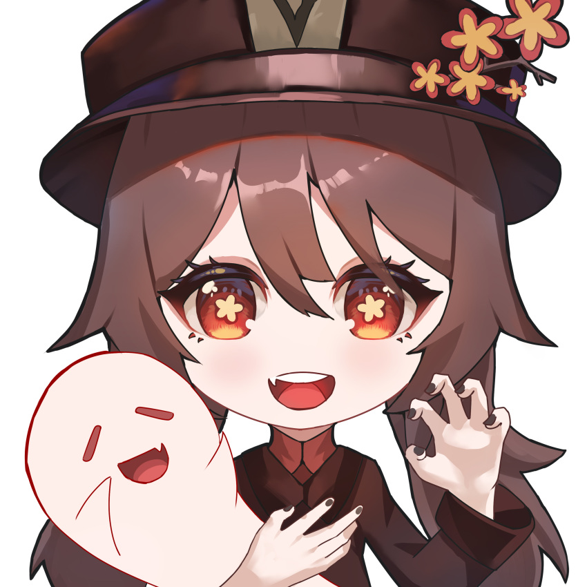 1girl absurdres boo_tao_(genshin_impact) brown_coat brown_eyes brown_hair brown_nails chinese_clothes coat collared_coat feisker flower flower-shaped_pupils genshin_impact ghost hat hat_flower hat_tassel highres hu_tao_(genshin_impact) long_hair looking_at_viewer plum_blossoms porkpie_hat simple_background symbol-shaped_pupils teeth upper_body upper_teeth_only
