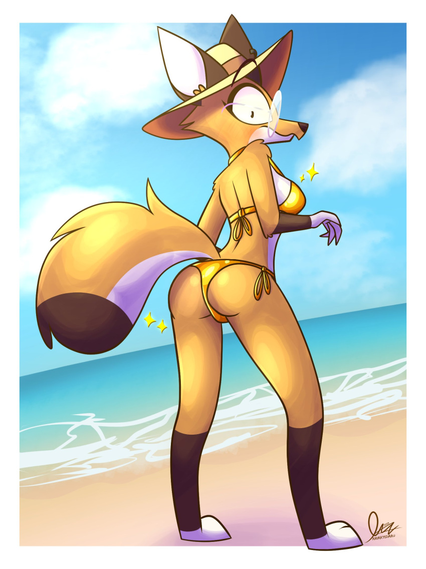 2023 animatedmau anthro beach bikini breasts butt canid canine clothing dipstick_tail eyewear female fox fur glasses glistening hat headgear headwear hi_res mammal markings rey_(animatedmau) seaside shoulder_tuft side-tie_bikini solo sparkles string_bikini swimwear tail tail_markings tuft white_body white_fur yellow_bikini yellow_clothing yellow_swimwear