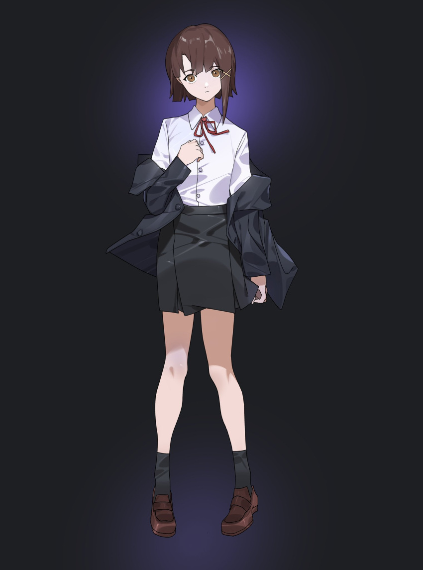 ananke_7 asymmetrical_hair asymmetrical_sidelocks black_jacket black_skirt black_socks brown_eyes brown_footwear brown_hair hair_ribbon highres iwakura_lain jacket loafers looking_at_viewer off_shoulder red_ribbon ribbon school_uniform serial_experiments_lain shirt shoes simple_background skirt socks standing white_shirt