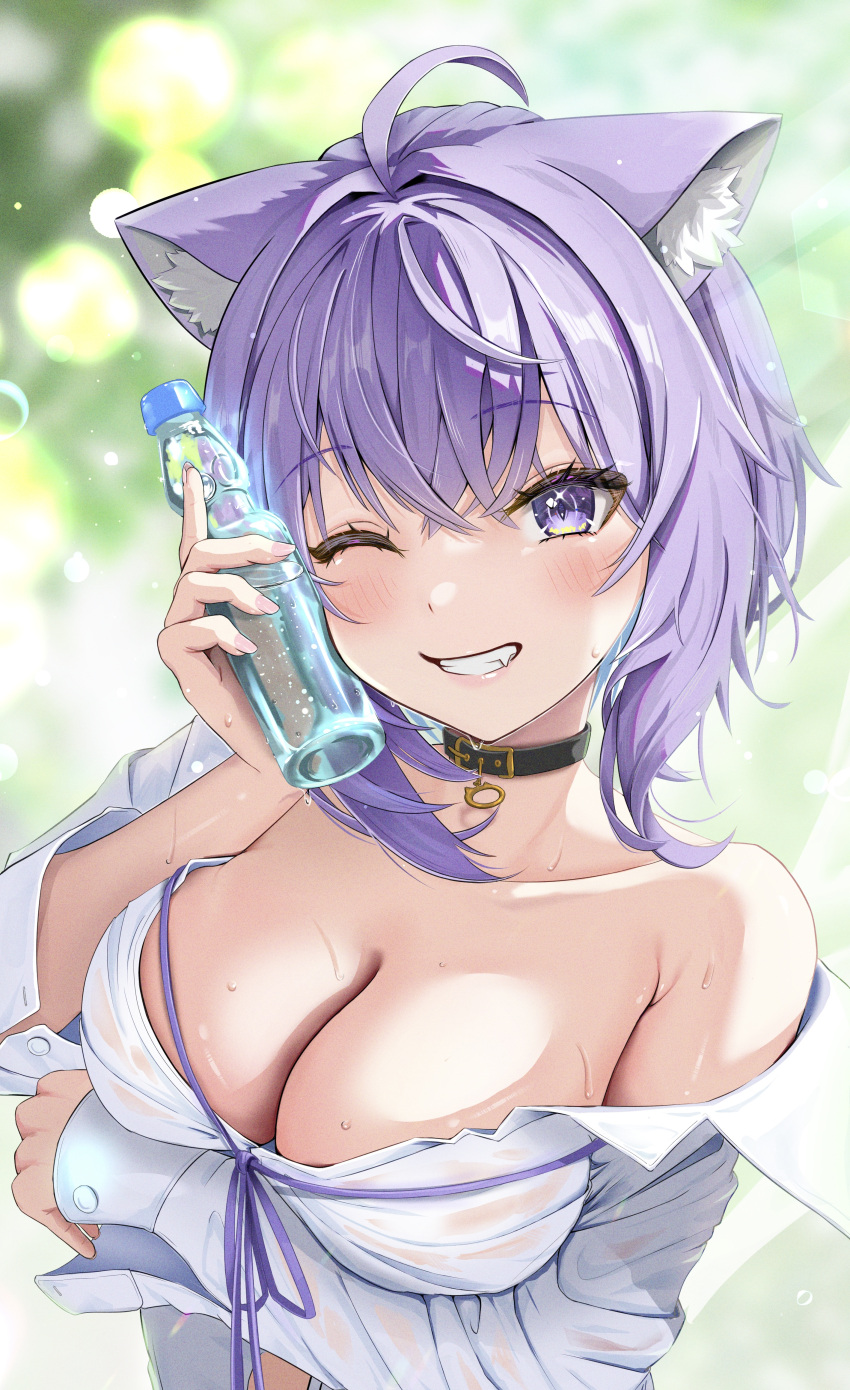 1girl absurdres ahoge animal_collar animal_ear_fluff animal_ears bare_shoulders black_collar blue_hair blush breasts cat_ears cat_girl cleavage collar collarbone colored_inner_hair dress_shirt hair_between_eyes highres hololive large_breasts looking_at_viewer loose_neck_ribbon multicolored_hair naked_shirt nekomata_okayu nekomata_okayu_(4th_costume) no_bra official_alternate_costume one_eye_closed purple_eyes purple_hair purple_ribbon ramune ribbon see-through shirt short_hair smile solo teeth torakichi_888 virtual_youtuber wet wet_clothes white_shirt