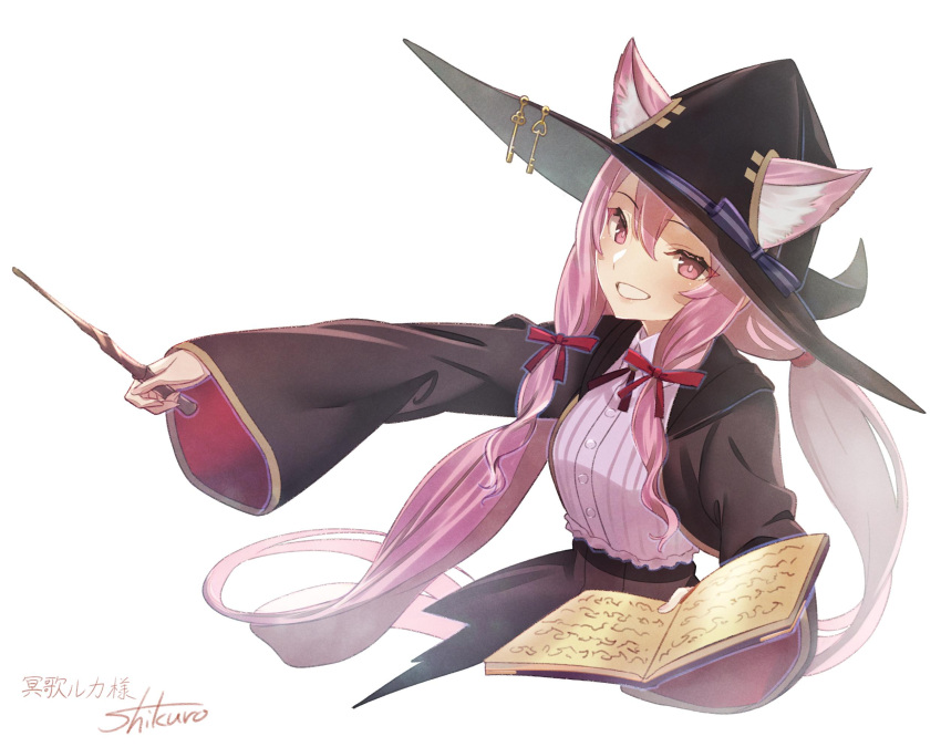 1girl animal_ear_fluff animal_ears black_dress black_headwear book cat_ears dress ears_through_headwear hair_ribbon hat highres holding holding_wand indie_virtual_youtuber key kujuu_shikuro long_hair long_sleeves looking_at_viewer meika_ruka open_book pink_hair ribbon smile striped striped_ribbon virtual_youtuber wand wide_sleeves witch_hat