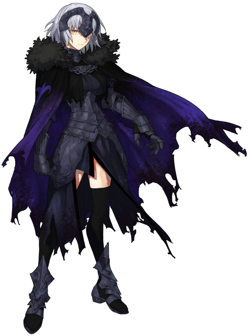 1girl absurdres armor armored_boots armored_dress black_armor black_dress black_thighhighs boots cape chain closed_mouth dress expressionless fate/samurai_remnant fate_(series) full_body fur-trimmed_cape fur_trim gauntlets grey_hair half-closed_eyes highres jeanne_d'arc_alter_(fate) looking_at_viewer official_art plackart purple_cape sakamoto_maaya short_hair simple_background solo thighhighs torn_cape torn_clothes transparent_background wataru_rei white_background yellow_eyes