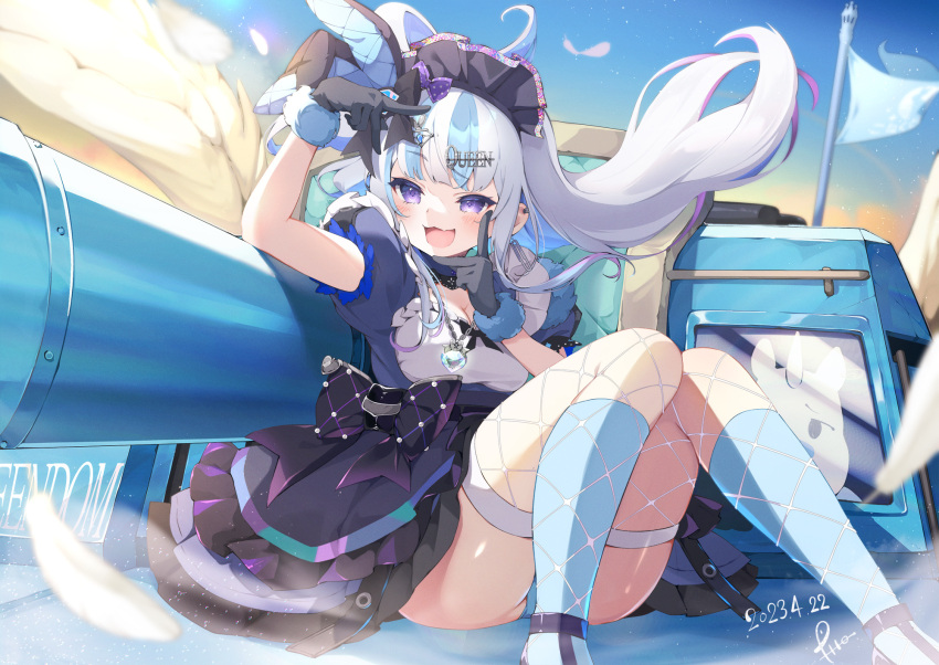 1girl arm_up black_dress black_gloves blue_hair blue_panties blue_sky blue_socks breasts cleavage commentary_request connectopia dated dress english_text feathered_wings feet_out_of_frame fishnet_thighhighs fishnets flag floating_hair frilled_dress frills gloves grey_hair hair_ornament hand_up highres kneehighs knees_together_feet_apart knees_up long_hair looking_at_viewer medium_breasts mesugaki_dia military military_vehicle motor_vehicle multicolored_hair outdoors panties pilokey puffy_short_sleeves puffy_sleeves purple_eyes short_sleeves side_ponytail signature sitting sky socks solo sunset tank thighhighs thighhighs_over_socks two-tone_hair underwear very_long_hair virtual_youtuber white_wings wings