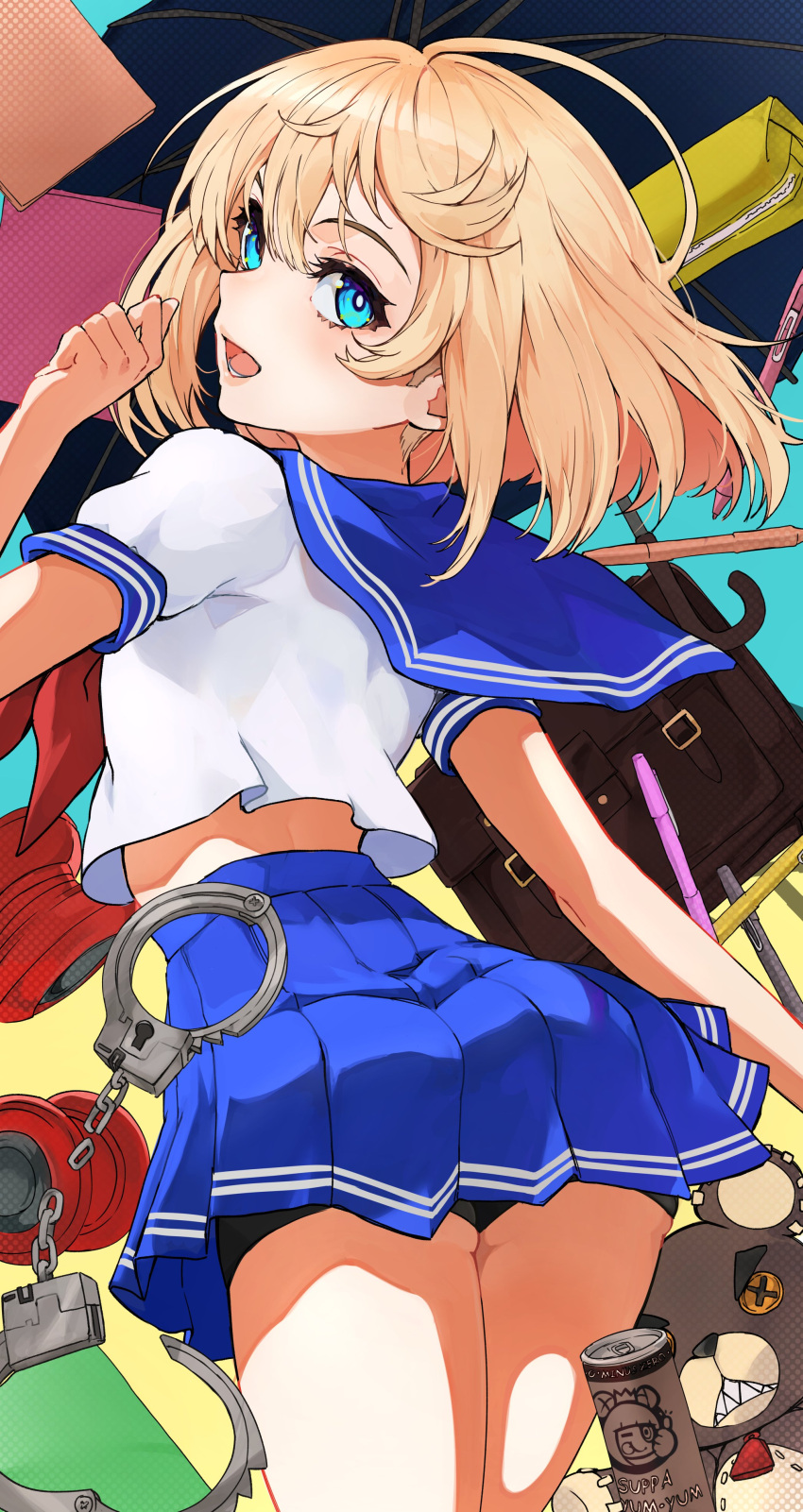 1boy absurdres alternate_costume ass back bag bike_shorts bike_shorts_under_skirt blonde_hair blue_eyes blue_sailor_collar blue_skirt bridget_(guilty_gear) cuffs guilty_gear guilty_gear_strive handcuffs highres looking_at_viewer looking_back male_focus medium_hair minus_zero69 neckerchief notebook open_mouth otoko_no_ko pen pencil_case pleated_skirt red_neckerchief roger_(guilty_gear) sailor_collar school_bag school_uniform serafuku short_sleeves skirt smile stuffed_animal stuffed_toy teddy_bear umbrella yo-yo