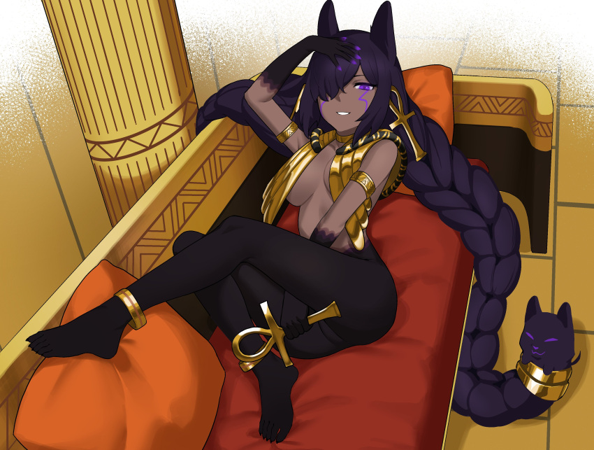 1girl 4hnyu absurdres animal_ears arm_up armpits ass black_gloves black_pantyhose braid breasts cat cat_ears character_request copyright_request couch dark-skinned_female dark_skin egyptian_clothes eyelashes facial_mark feet gloves gold_trim hair_ornament hair_over_one_eye highres holding indoors knees_together_feet_apart large_breasts legs long_hair no_shoes pantyhose purple_eyes purple_hair sharp_toenails sidelocks solo teeth toenails toes twin_braids very_long_hair