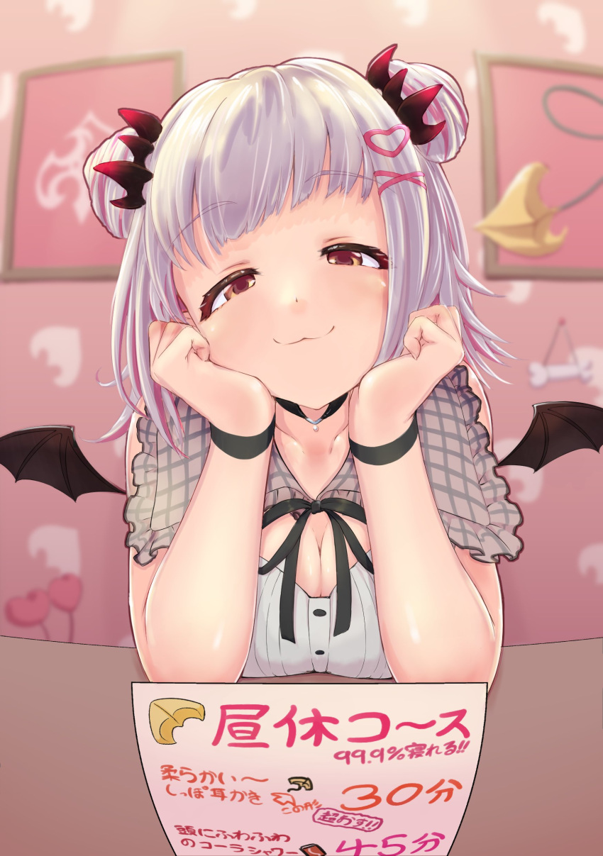 1girl :3 absurdres black_ribbon blunt_bangs blush breasts brown_eyes brown_wings cleavage closed_mouth commentary demon_girl demon_tail demon_wings double_bun fisheye grey_hair hair_bun half-closed_eyes hands_on_own_cheeks hands_on_own_face head_rest highres indie_virtual_youtuber large_breasts looking_at_viewer medium_bangs medium_hair mini_wings multicolored_hair neck_ribbon pink_hair ribbon sign smile solo streaked_hair suou_patra symbol-only_commentary tail two-tone_hair upper_body virtual_youtuber wings wristband zico