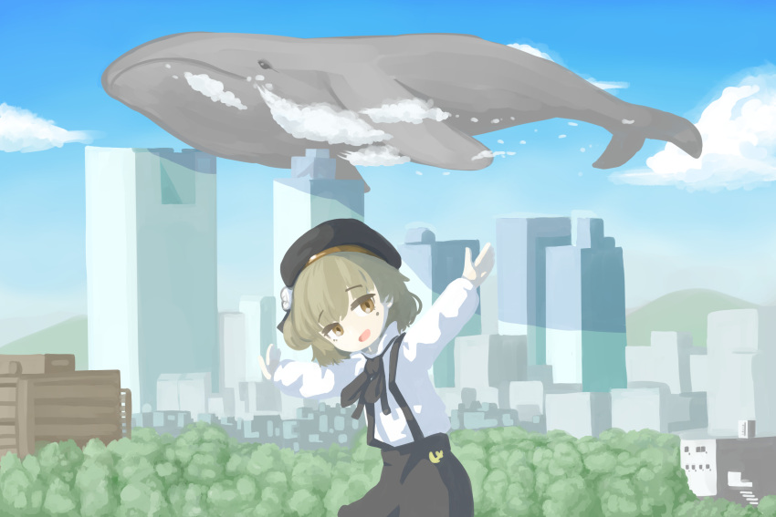 1girl absurdres animal arms_up beret black_headwear black_ribbon black_skirt blue_sky brown_eyes brown_hair building city cityscape cloud commentary_request flower flying_whale foliage hair_flower hair_ornament hair_ribbon hat hatoba_tsugu highres leaning_forward looking_at_viewer medium_hair mole mole_under_eye neck_ribbon open_mouth outdoors outstretched_arms raised_eyebrows ribbon shirt skirt sky skyscraper smile solo spread_arms suspender_skirt suspenders testest tsugu_(vtuber) virtual_youtuber whale white_flower white_shirt