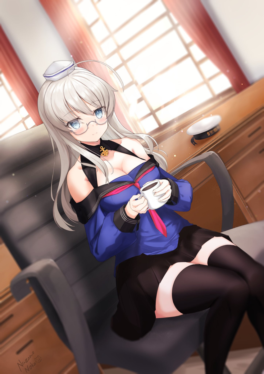 1girl ahoge black_skirt black_thighhighs blue_eyes breasts chair cleavage closed_mouth commentary cup curtains desk glasses hat heywood_l._edwards_(kancolle) highres holding holding_cup indoors kantai_collection large_breasts long_hair long_sleeves mug nazono_neko neckerchief off_shoulder pleated_skirt red_neckerchief sitting skirt solo thighhighs white_headwear window
