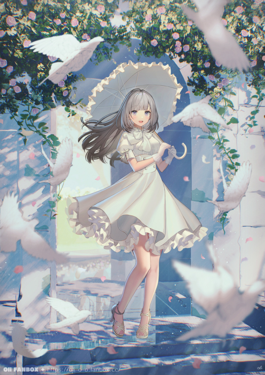 1girl animal artist_name bird blurry blurry_foreground bow bowtie falling_petals feathers floating_hair flower frilled_skirt frills gloves grey_hair high-waist_skirt high_heels highres holding holding_umbrella layered_skirt long_hair oli open_mouth original paid_reward_available petals pigeon plant puffy_short_sleeves puffy_sleeves purple_eyes purple_flower ribbon see-through_gloves shirt short_sleeves skirt solo stairs standing stone_stairs toeless_footwear umbrella vines web_address white_bow white_bowtie white_feathers white_footwear white_gloves white_ribbon white_shirt white_umbrella wind