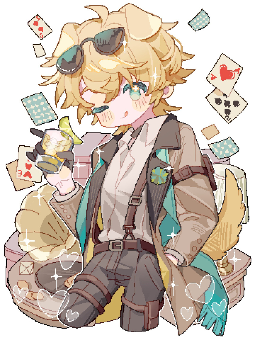 1boy ;p ace_of_hearts alcohol animal_ears aqua_eyes aqua_scarf arknights arm_pouch belt black_gloves black_pants blonde_hair blush brown_belt brown_coat card casino coat collared_shirt cropped_legs cup dog_boy dog_ears dog_tail drink eyewear_on_head flower-shaped_pupils gloves half_gloves heart highres holding holding_drink male_focus official_alternate_costume one_eye_closed open_clothes open_coat pants pixelated playing_card saucer_(saucer752) shirt short_hair simple_background solo sunglasses suspenders symbol-shaped_pupils tail tequila_(arknights) tequila_(card_winner)_(arknights) thigh_pouch thigh_strap three_of_hearts tongue tongue_out two_of_diamonds two_of_spades white_background white_shirt