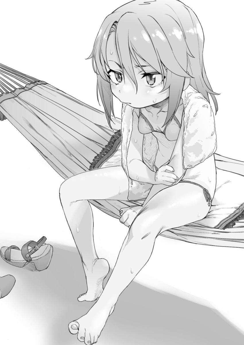 bikini breasts drying feet greyscale hair_between_eyes hammock highres idolmaster idolmaster_cinderella_girls long_hair monochrome mukago_(mukagomumumu) sandals side-tie_bikini_bottom sidelocks simple_background small_breasts swimsuit towel towel_around_neck white_background yuuki_haru