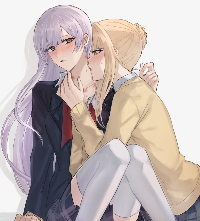 2girls aoki_shizumi bite_mark bite_mark_on_neck blonde_hair blush commentary_request d4dj fukushima_noa green_eyes grey_eyes grey_hair highres long_hair multiple_girls niijima_ibuki parted_lips shadow sweat tongue yuri