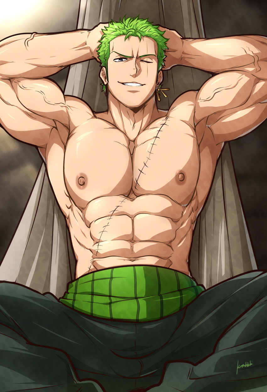 1boy abs absurdres arm_behind_head armpits artist_name bara belt biceps black_eyes ear_piercing earrings green_eyes hammock highres jewelry kuroshinki large_pectorals looking_at_viewer lying male_focus manly mature_male muscular muscular_male nipples on_back one_piece pants pectorals piercing roronoa_zoro scar scar_on_chest scar_on_face short_hair signature smirk solo spiked_hair spread_legs stud_earrings teeth thick_arms veins