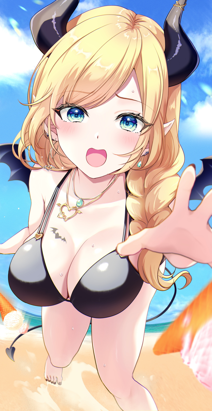 1girl absurdres bare_shoulders barefoot beach bikini black_bikini black_horns blonde_hair blue_eyes blush braid breast_tattoo breasts cleavage commentary_request demon_girl demon_horns demon_tail demon_wings heart heart_necklace highres hololive horns jewelry kudoukudokudo large_breasts long_hair looking_at_viewer necklace open_mouth outdoors pointy_ears solo swept_bangs swimsuit tail tattoo virtual_youtuber wings yuzuki_choco