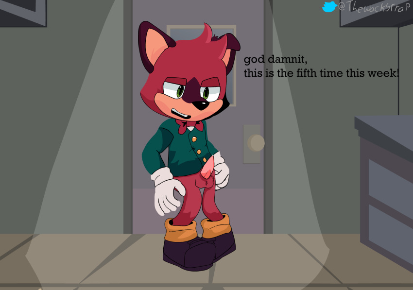 2023 anthro barry_(sonic) bodily_fluids bow_tie crossed_legs cum cum_drip dripping erection genital_fluids genitals green_eyes macropod male mammal maroon_fur marsupial penis quokka sega solo sonic_the_hedgehog_(series) text th3wackytrap the_murder_of_sonic_the_hedgehog