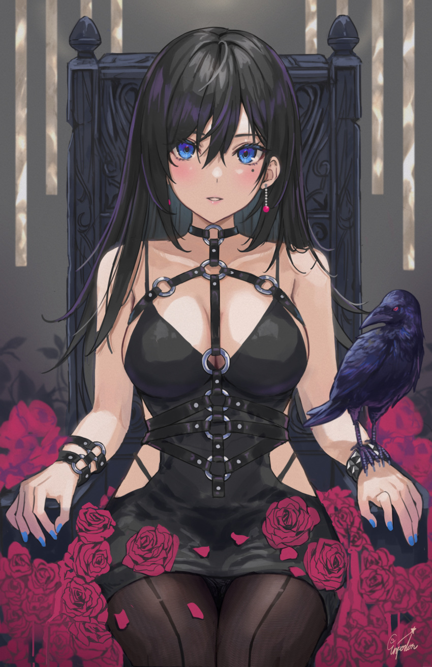 1girl animal_on_arm bare_shoulders bird black_choker black_hair black_panties black_pantyhose blue_eyes blue_nails blush bondage_gear bracelet breasts choker cleavage collarbone commentary_request cowboy_shot crow dress earrings enporion flower hair_between_eyes hair_over_eyes highres hip_vent indoors jewelry large_breasts long_hair looking_at_viewer mole mole_under_eye nail_polish o-ring o-ring_choker on_chair original panties panties_under_pantyhose pantyhose pantyshot parted_lips red_flower red_rose rose short_dress signature sitting sleeveless sleeveless_dress spaghetti_strap spiked_bracelet spikes throne underwear