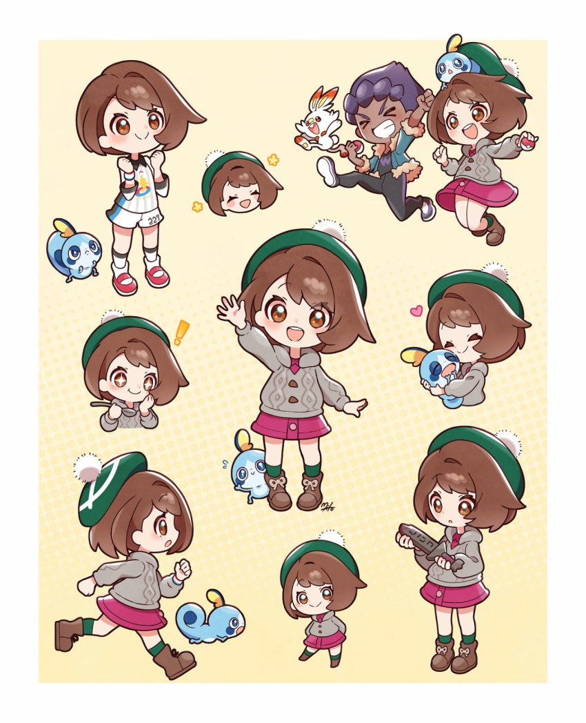 ! +_+ 1boy 1girl :d blush boots border brown_eyes brown_footwear brown_hair buttons cable_knit cardigan chibi closed_mouth flying_sweatdrops gloria_(pokemon) green_headwear green_socks grey_cardigan gym_challenge_uniform hat heart highres holding holding_poke_ball holding_pokemon hooded_cardigan hop_(pokemon) mito_(mtkg2884) multiple_views on_head open_mouth poke_ball poke_ball_(basic) pokemon pokemon_(creature) pokemon_(game) pokemon_on_head pokemon_swsh rusted_sword_(pokemon) scorbunny smile sobble socks split_mouth tam_o'_shanter white_border yellow_background