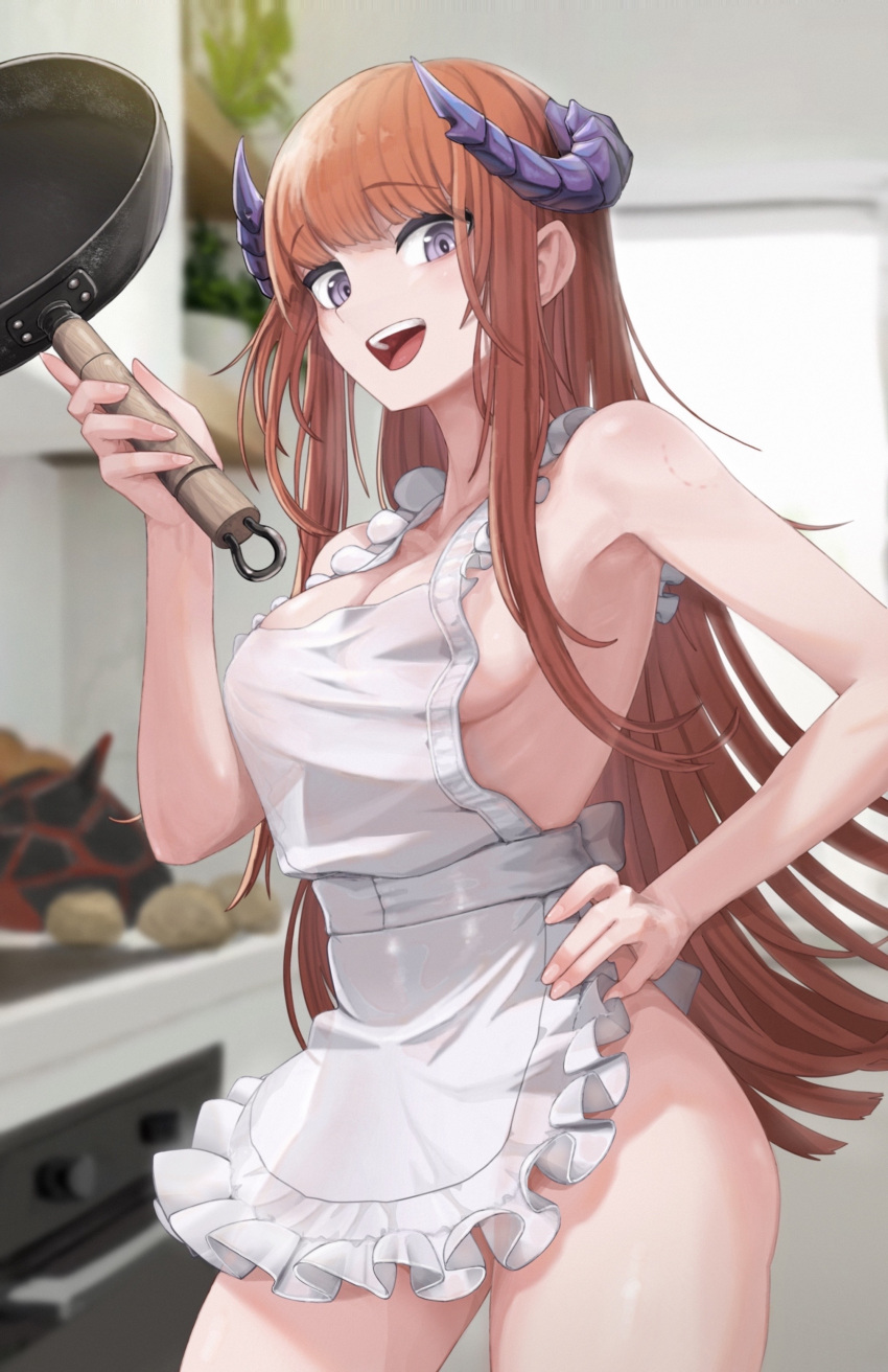 1girl :d absurdres apron arknights bagpipe_(arknights) blurry blurry_background breasts cleavage commentary cowboy_shot frilled_apron frills frying_pan highres holding holding_frying_pan horns indoors large_breasts long_hair looking_at_viewer mildt naked_apron open_mouth orange_hair originium_slug_(arknights) potato purple_eyes smile solo standing thighs very_long_hair white_apron