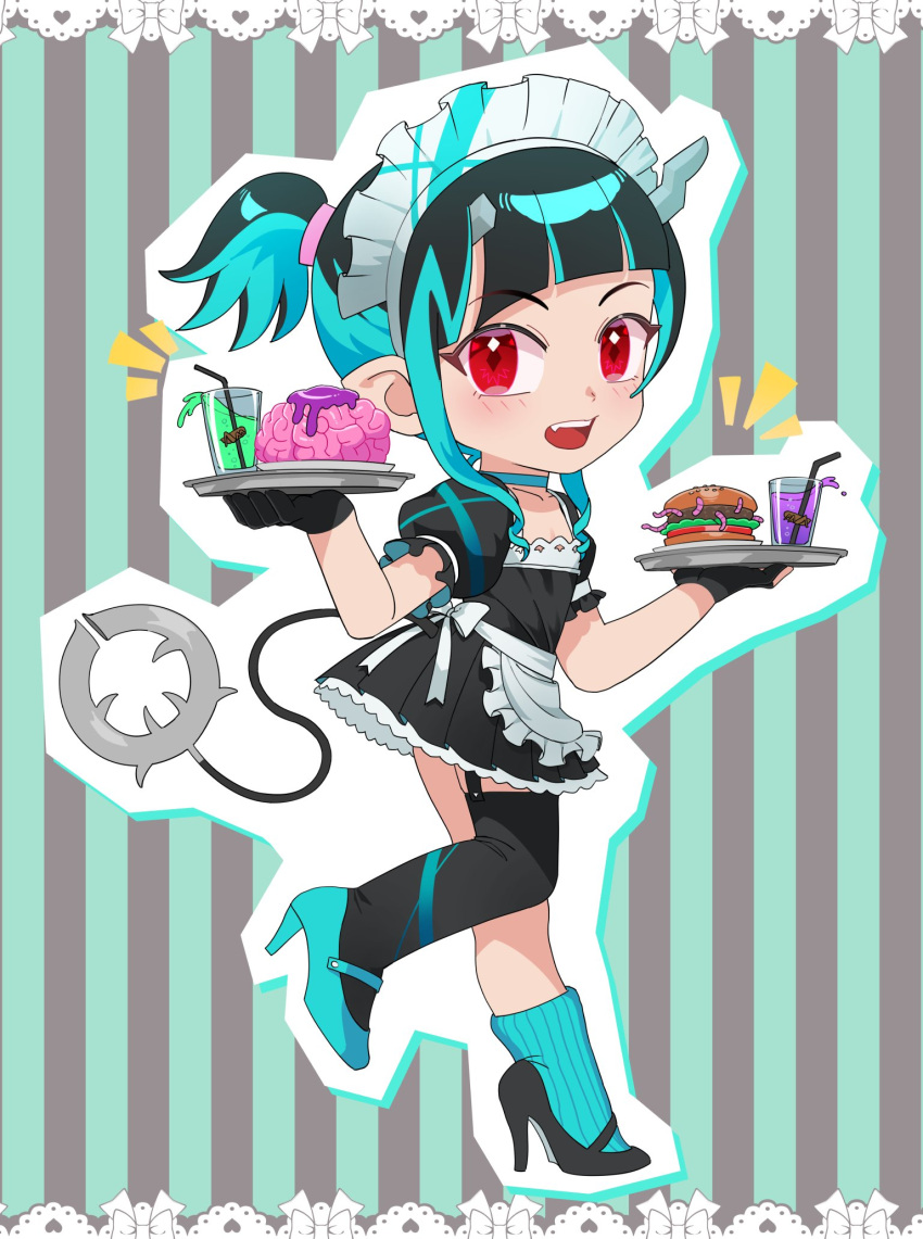 1girl alternate_costume alternate_hairstyle apron asymmetrical_footwear asymmetrical_gloves back_bow bad_food black_dress black_footwear black_gloves black_hair black_thighhighs blue_footwear blue_hair blue_socks blunt_bangs blush bow brain bread buren burger commentary_request cricket demon_girl demon_horns demon_tail diagonal_bangs dress enmaided flat_chest food frilled_apron frilled_dress frills full_body gloves high_heels high_ponytail highres holding holding_tray horns looking_at_viewer maid maid_day maid_headdress mismatched_footwear multicolored_hair nanashi_inc. open_mouth partially_fingerless_gloves pointy_ears puffy_sleeves red_eyes shishio_chris short_bangs short_hair_with_long_locks short_ponytail sidelocks single_thighhigh smile socks solo striped striped_background tail thighhighs tray two-tone_hair virtual_youtuber waist_apron walking white_apron white_bow worm