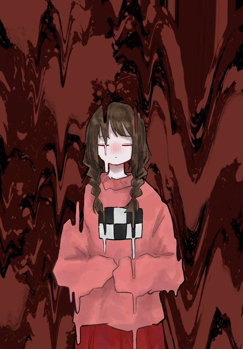 1girl :| abstract black_outline blush braid closed_mouth cowboy_shot denkai_461 dripping expressionless facing_viewer hair_over_shoulder hands_up highres long_hair long_sleeves long_torso madotsuki medium_bangs melting no_nose nose_blush outline pink_sweater pleated_skirt red_background red_skirt skirt sleeves_past_wrists solo sweater swept_bangs tall_female twin_braids twintails yume_nikki