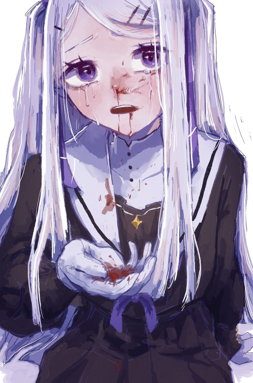 1girl absurdres arm_support black_serafuku black_shirt blood blood_on_hands bruise bruise_on_face commentary_request crying crying_with_eyes_open furrowed_brow geminism gloves grey_hair hair_ornament hair_ribbon hairclip hand_up highres hirosoma_kikyou injury long_hair long_sleeves looking_at_viewer neck_ribbon nosebleed open_mouth purple_eyes purple_ribbon raised_eyebrows ribbon sailor_collar school_uniform serafuku shirt sitting solo swept_bangs tanaka_ruuchin tears two_side_up undershirt white_background white_gloves white_sailor_collar
