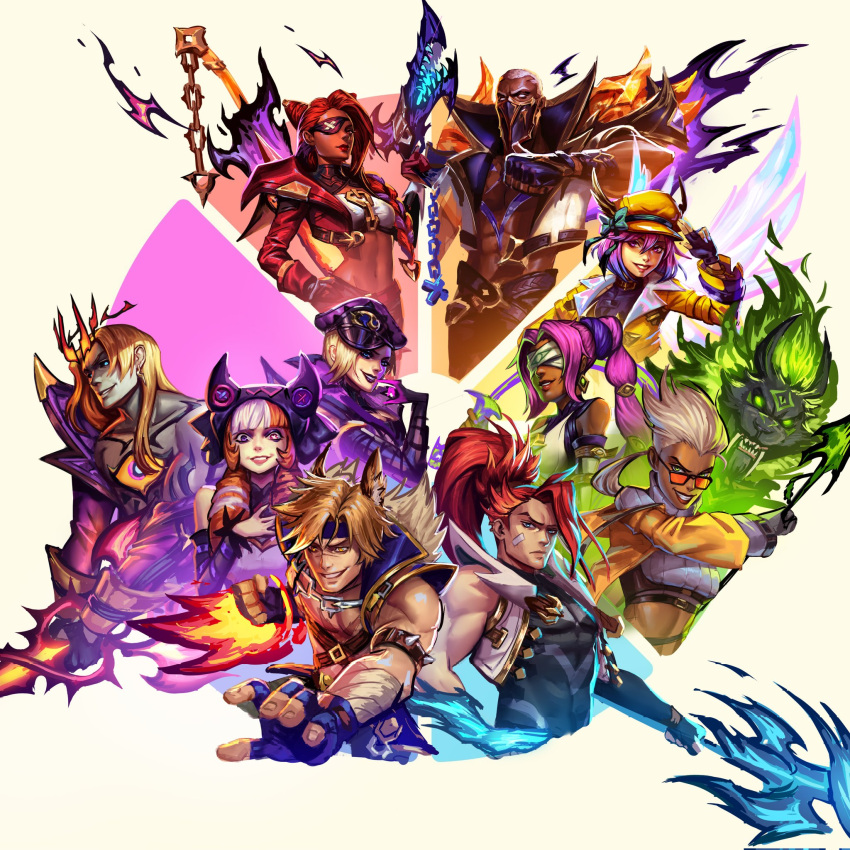 4boys 6+girls bare_shoulders black_gloves black_headwear blindfold blonde_hair brown_hair clenched_hand collarbone color_wheel_challenge cone_hair_bun cropped_jacket crown dark-skinned_female dark-skinned_male dark_skin drill_hair evelynn_(league_of_legends) fake_horns fingerless_gloves fire gloves glowing glowing_eyes grey_hair grin gun gwen_(league_of_legends) hair_bun hand_up highres holding holding_gun holding_polearm holding_weapon horns ilyas_bolatov jacket league_of_legends long_hair lux_(league_of_legends) mask mouth_mask multicolored_hair multiple_boys multiple_girls nidalee nilah_(league_of_legends) open_clothes open_jacket pink_hair polearm ponytail pyke_(league_of_legends) red_hair samira sett_(league_of_legends) sharp_teeth short_hair smile soul_fighter_evelynn soul_fighter_gwen soul_fighter_lux soul_fighter_nidalee soul_fighter_nilah soul_fighter_pyke soul_fighter_samira soul_fighter_sett soul_fighter_viego soul_fighter_xin_zhao teeth third_eye_on_chest twin_drills twintails two-tone_hair viego_(league_of_legends) weapon white_background white_hair white_jacket xin_zhao