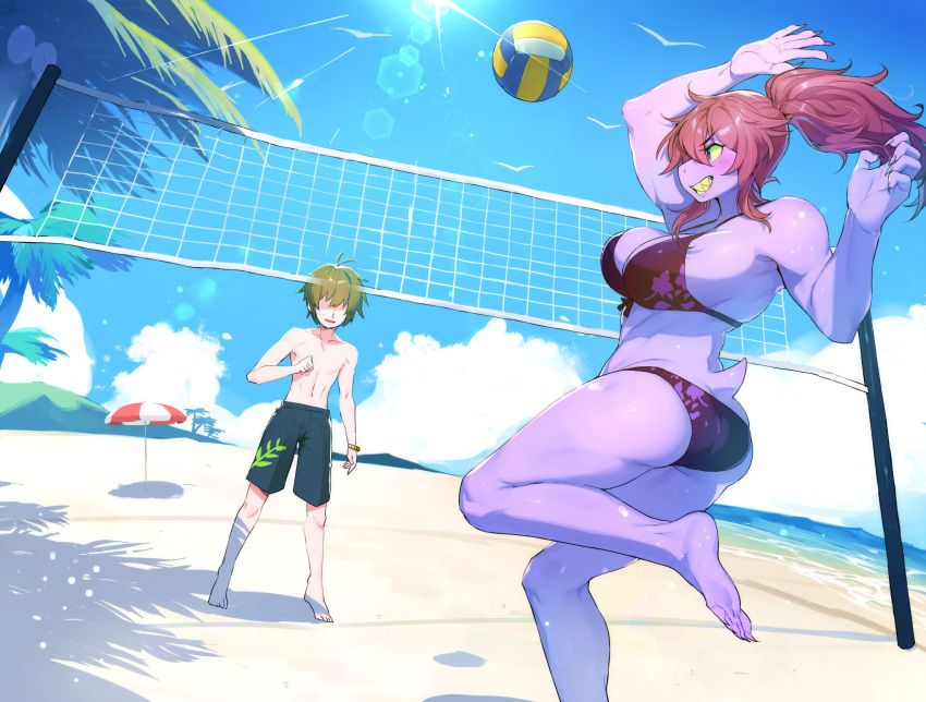 anthro beach beach_volleyball bikini biped brown_hair clothing deltarune detailed_background duo female hair hi_res human kris_(deltarune) male mammal purple_body purple_eyes reptile scalie seaside smile sskomu_(artist) susie_(deltarune) swimwear tan_body umbrella undertale_(series) yellow_sclera