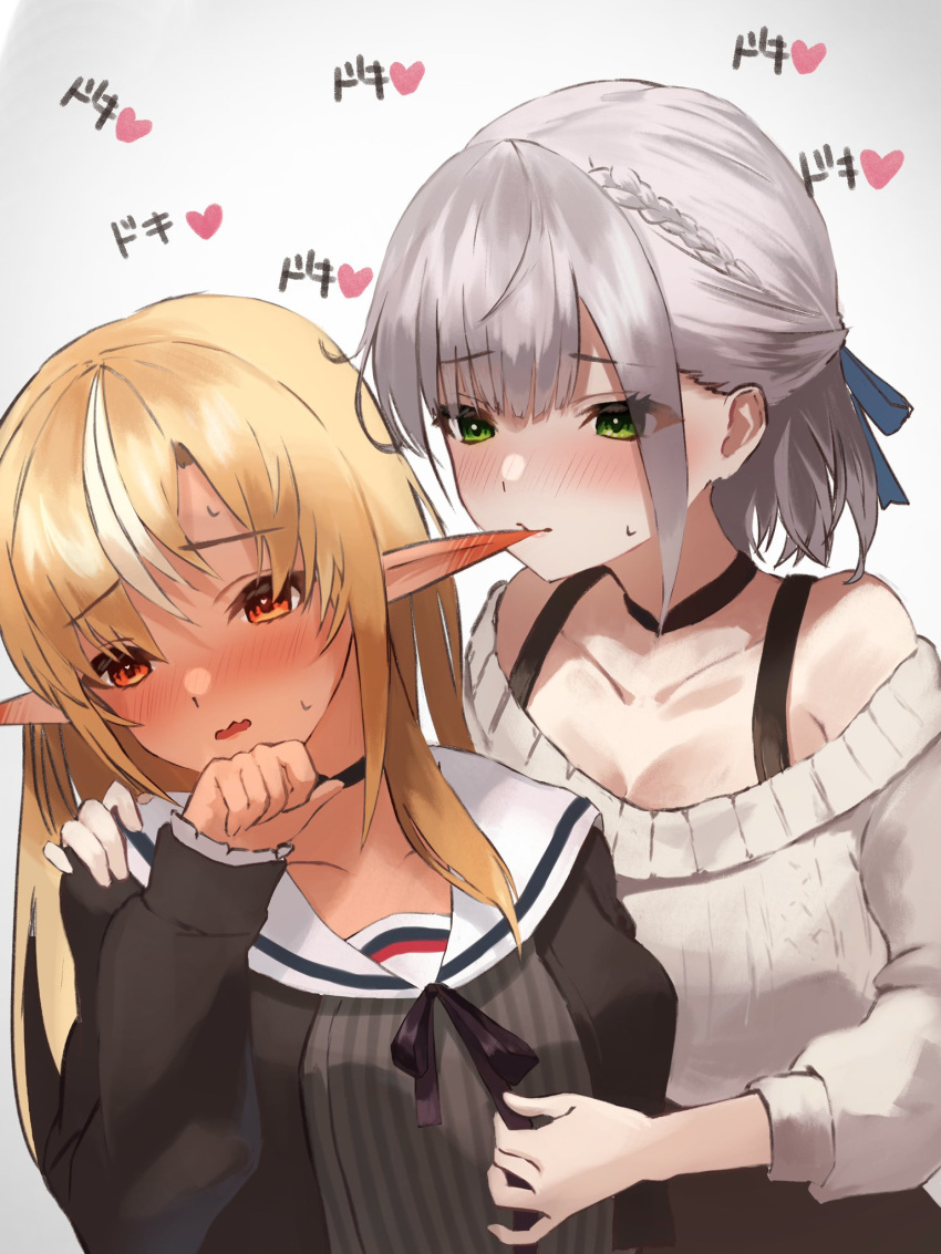 biting black_choker blonde_hair blush braid breasts choker cleavage couple dark-skinned_female dark_elf dark_skin dress ear_biting elf french_braid green_eyes grey_dress grey_hair highres hololive large_breasts long_hair mada_thesecond multicolored_hair multiple_girls nibbling off-shoulder_sweater off_shoulder official_alternate_costume official_alternate_hairstyle open_mouth pinstripe_dress pinstripe_pattern plaid plaid_skirt pointy_ears red_eyes ribbed_sweater sailor_collar shiranui_flare shiranui_flare_(3rd_costume) shirogane_noel shirogane_noel_(3rd_costume) sidelocks skirt streaked_hair striped striped_dress sweater vertical-striped_dress vertical_stripes virtual_youtuber wavy_hair white_hair white_sweater yuri