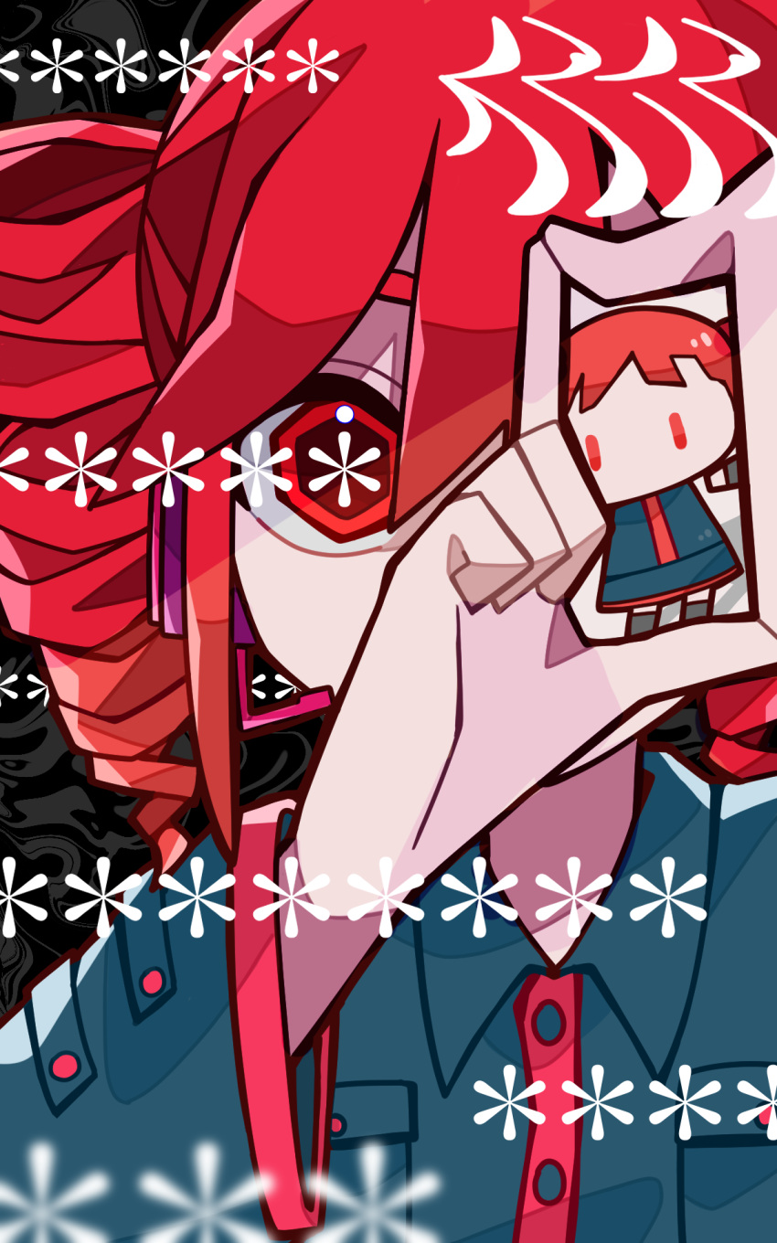 2girls asterisk_(symbol) black_background black_shirt black_skirt blurry blurry_foreground bright_pupils chibi collared_shirt commentary_request covered_mouth danmaku_comments detached_arm distortion drill_hair dual_persona finger_frame hands_up headset hexagon highres hito_mania_(utau) kasane_teto leaning_to_the_side looking_at_viewer multiple_girls no_mouth one_eye_covered red_eyes red_hair shirt skirt song_name straight-on suima_ramu symbol-shaped_pupils twin_drills utau white_pupils wide-eyed wide_sleeves |_|