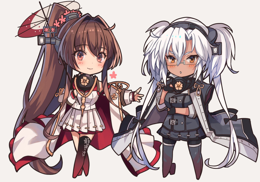 2girls asymmetrical_legwear black_socks black_thighhighs blush brown_eyes brown_hair closed_mouth coat flower full_body glasses grey_coat grey_hair grey_skirt hair_between_eyes hair_flower hair_ornament headgear highres holding holding_umbrella kantai_collection kasumi_(skchkko) kneehighs long_coat long_hair multiple_girls musashi_(kancolle) musashi_kai_ni_(kancolle) oil-paper_umbrella open_clothes open_coat open_mouth pink_flower pleated_skirt ponytail rectangular_eyewear rudder_footwear simple_background skirt smile socks thighhighs two_side_up umbrella very_long_hair white_background white_coat white_skirt yamato_(kancolle) yamato_kai_ni_(kancolle)