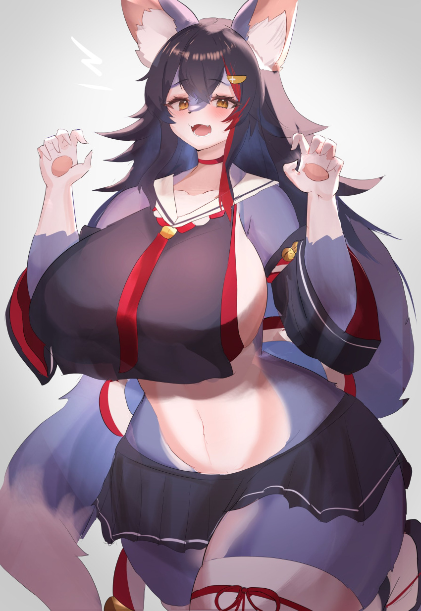 5_fingers absurd_res alternate_species anthro armwear big_breasts black_hair blue_body blue_fur bottomwear breasts canid canine choker clothed clothing curvy_figure detached_sleeves eyebrow_through_hair eyebrows fangs female fingers fur furrification hair hi_res highlights_(coloring) hololive huge_breasts jewelry kakuteki11029 kemono legwear long_hair mammal midriff miniskirt multicolored_body multicolored_fur necklace ookami_mio open_mouth pawpads portrait red_highlights skimpy skirt solo stockings teeth thick_thighs thigh_highs three-quarter_portrait topwear translucent translucent_hair two_tone_body two_tone_fur virtual_youtuber voluptuous white_body white_fur wide_hips yellow_eyes
