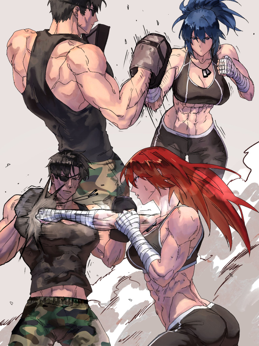 1girl abs bandaged_hand bandages black_hair blue_eyes blue_hair breasts camouflage camouflage_pants dog_tags exercise eyepatch father_and_daughter hair_down heidern highres leona_heidern long_hair mature_male multiple_views muscular muscular_female orochi_leona pants ponytail punching red_eyes red_hair short_hair sports_bra steam sweat syachiiro the_king_of_fighters training very_sweaty