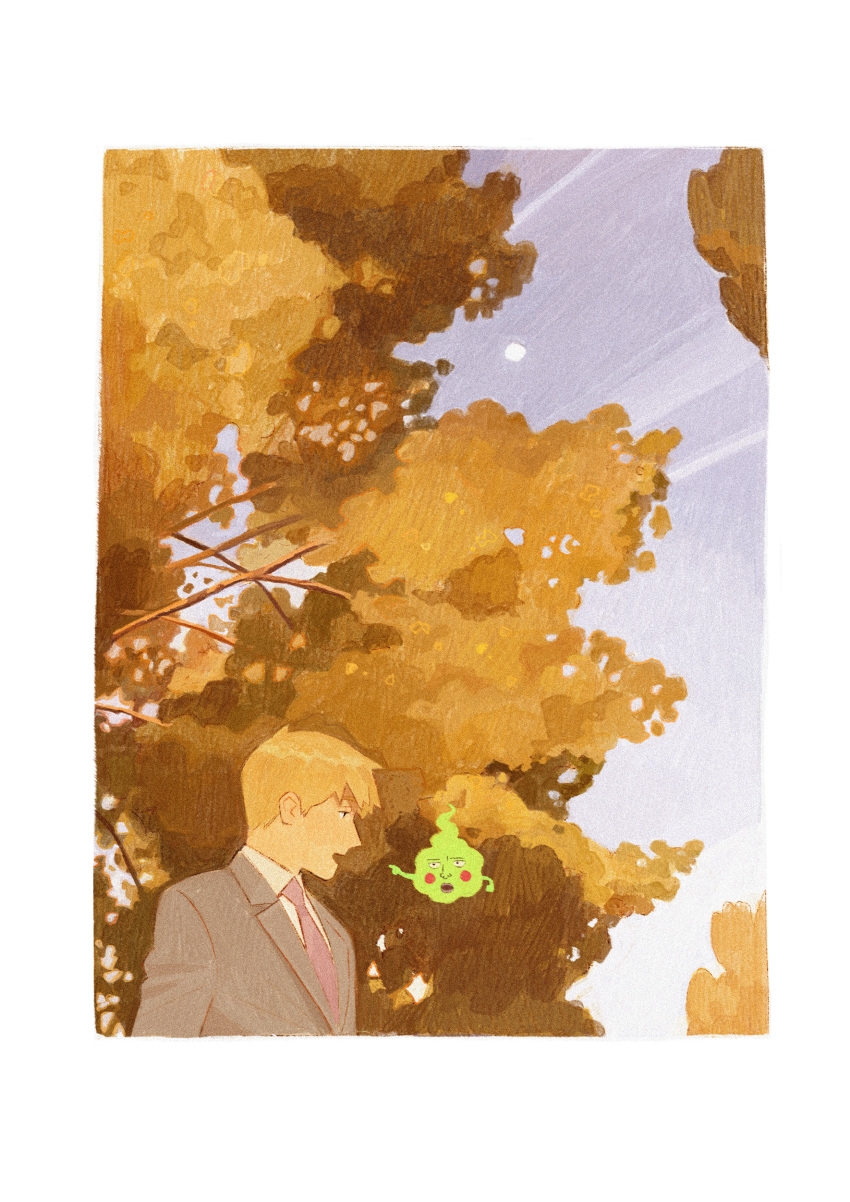 1boy absurdres bad_id bad_tumblr_id blonde_hair ekubo_(mob_psycho_100) eye_contact full_moon ghost grey_suit highres looking_at_another male_focus mob_psycho_100 moon nbgpart necktie pink_necktie pointing reigen_arataka short_hair sky solo spirit suit tree upper_body